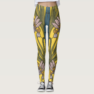 Iris-Blumen-Jugendstil-Buntglas Blau Gold Leggings
