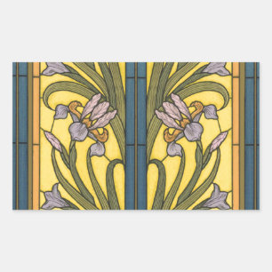 Iris-Blumen-Jugendstil-Buntglas Blau Gold Rechteckiger Aufkleber