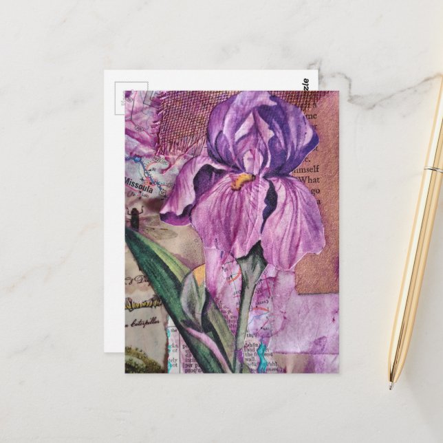 Iris-Blumen-Mixed-Media-Collage-Postkarte Postkarte (Vorderseite/Rückseite Beispiel)