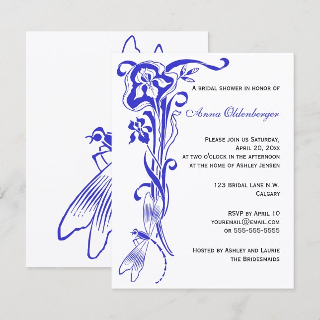 Iris & Dragonfly Royal Blue Brautparty Einladung (Vorne/Hinten)