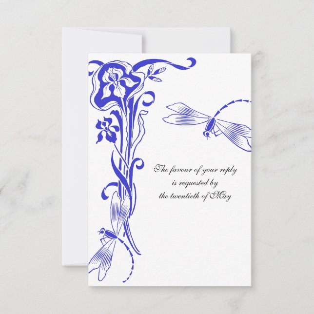 Iris & Dragonfly Royal Blue Wedding Reply RSVP Karte (Vorderseite)