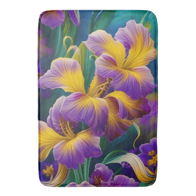 Iris Floral Lila und goldblaugrüne Blätter Badematte (Vorderseite Vertikal)