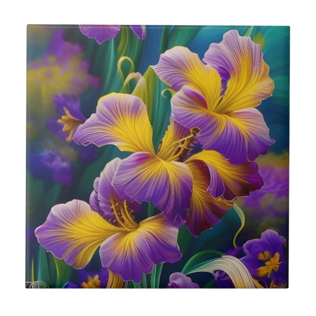 Iris Floral Lila und goldblaugrüne Blätter Fliese (Vorderseite)