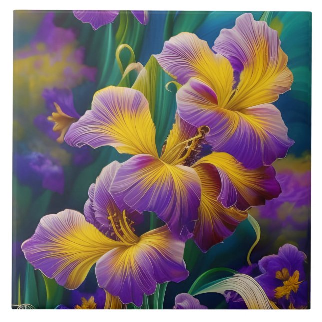 Iris Floral Lila und goldblaugrüne Blätter Fliese (Vorderseite)