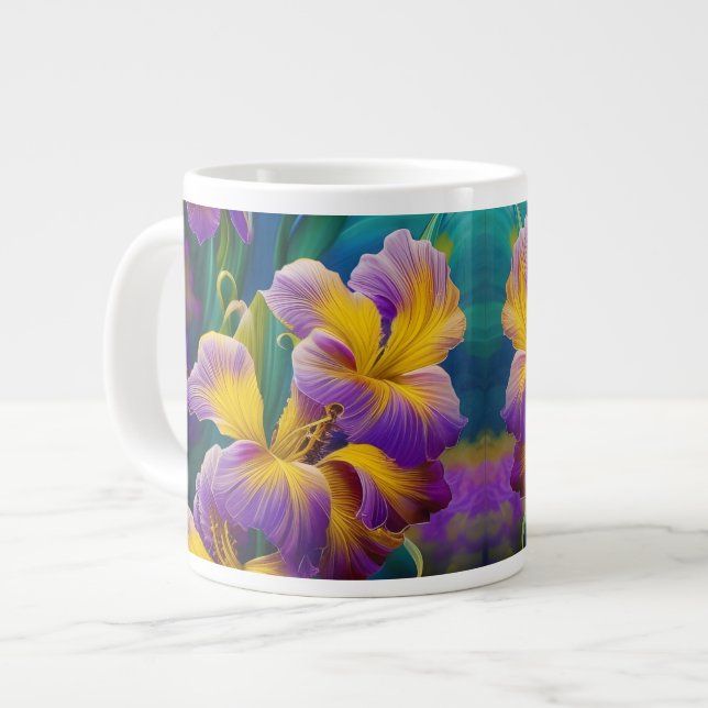 Iris Floral Lila und goldblaugrüne Blätter Jumbo-Tasse (Vorderseite Links)