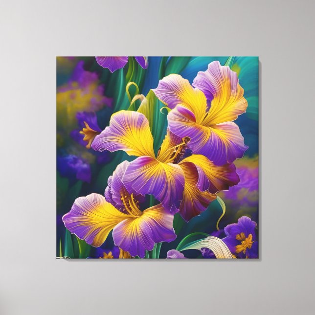 Iris Floral Lila und goldblaugrüne Blätter Leinwanddruck (Vorderseite)