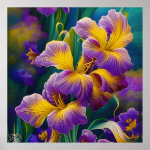 Iris Floral Lila und goldblaugrüne Blätter Poster