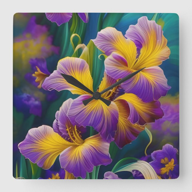 Iris Floral Lila und goldblaugrüne Blätter Quadratische Wanduhr (Vorderseite)