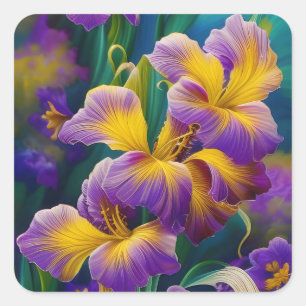 Iris Floral Lila und goldblaugrüne Blätter Quadratischer Aufkleber