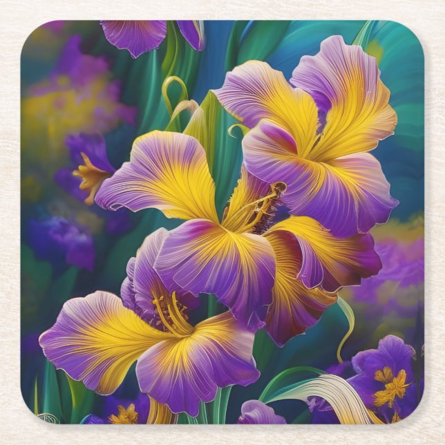 Iris Floral Lila und goldblaugrüne Blätter Rechteckiger Pappuntersetzer (Vorderseite)