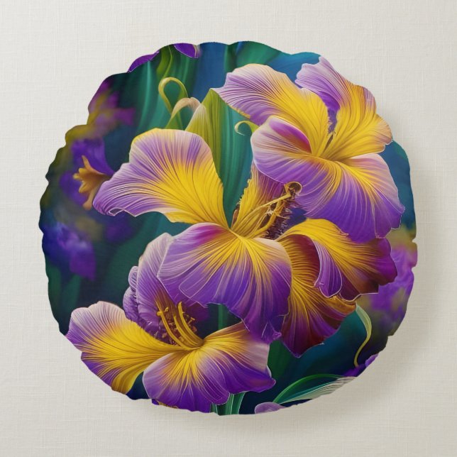 Iris Floral Lila und goldblaugrüne Blätter Rundes Kissen (Vorderseite)