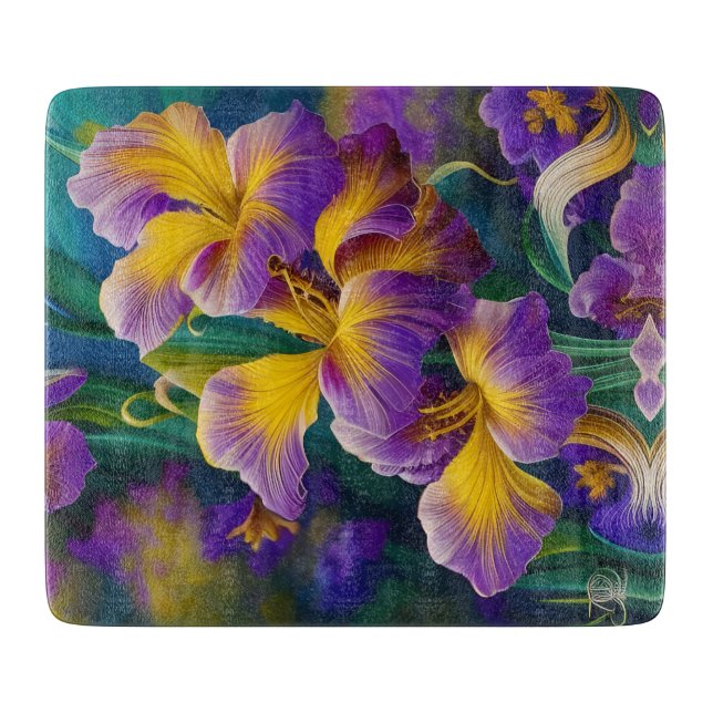 Iris Floral Lila und goldblaugrüne Blätter Schneidebrett (Vorderseite)