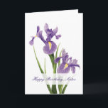 Iris Garden Sister Birthday Karte<br><div class="desc">Zwei schöne Louisiana-Irises schmücken die Vorderseite dieser Geburtstagskarte. Die mit Pastellfarben gezeichnet lila Irises schaffen ein zartes und auffälliges Design, um Ihre Schwester zu ehren. Die Worte "Happy Birthday, Sister" sind vorne geschrieben. Das Innere hat eine süße Stimmung, die Sie entweder behalten oder anpassen können. Machen Sie mit dieser eleganten...</div>