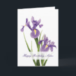 Iris Garden Sister Birthday Karte<br><div class="desc">Zwei schöne Louisiana-Irises schmücken die Vorderseite dieser Geburtstagskarte. Die mit Pastellfarben gezeichnet lila Irises schaffen ein zartes und auffälliges Design, um Ihre Schwester zu ehren. Die Worte "Happy Birthday, Sister" sind vorne geschrieben. Das Innere hat eine süße Stimmung, die Sie entweder behalten oder anpassen können. Machen Sie mit dieser eleganten...</div>