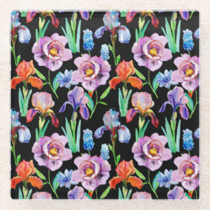 Iris Peony Watercolor Floral Pattern Glasuntersetzer