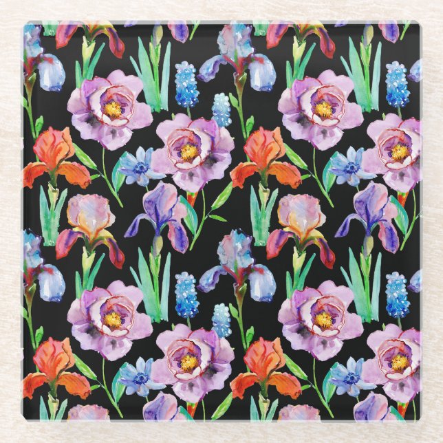 Iris Peony Watercolor Floral Pattern Glasuntersetzer (Vorderseite)