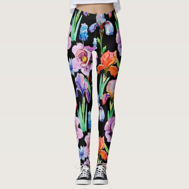 Iris Peony Watercolor Floral Pattern Leggings (Vorderseite)