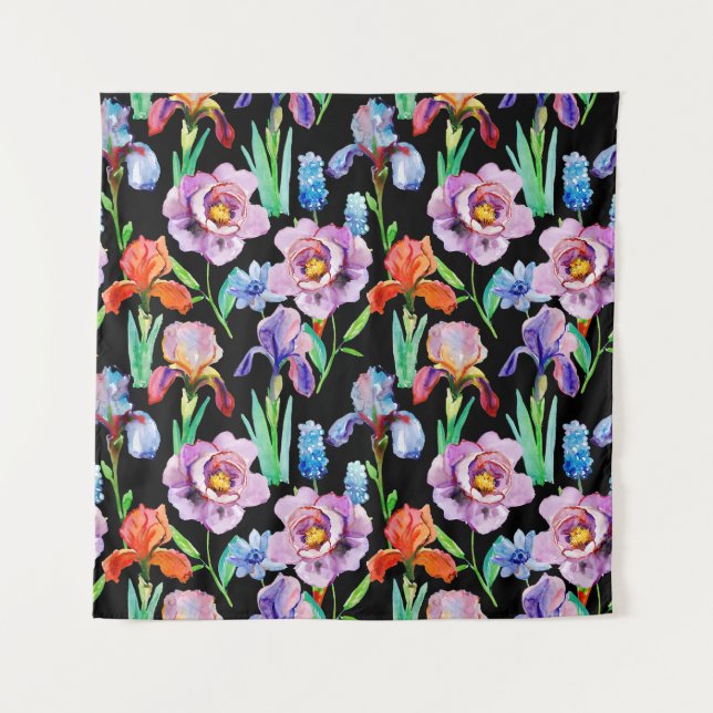 Iris Peony Watercolor Floral Pattern Wandteppich (Vorderseite)