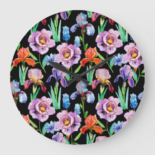 Iris-Pfingstrose-Wasserfarben-Blumenmuster Große Wanduhr