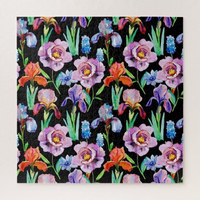 Iris-Pfingstrose-Wasserfarben-Blumenmuster Puzzle (Vertikal)