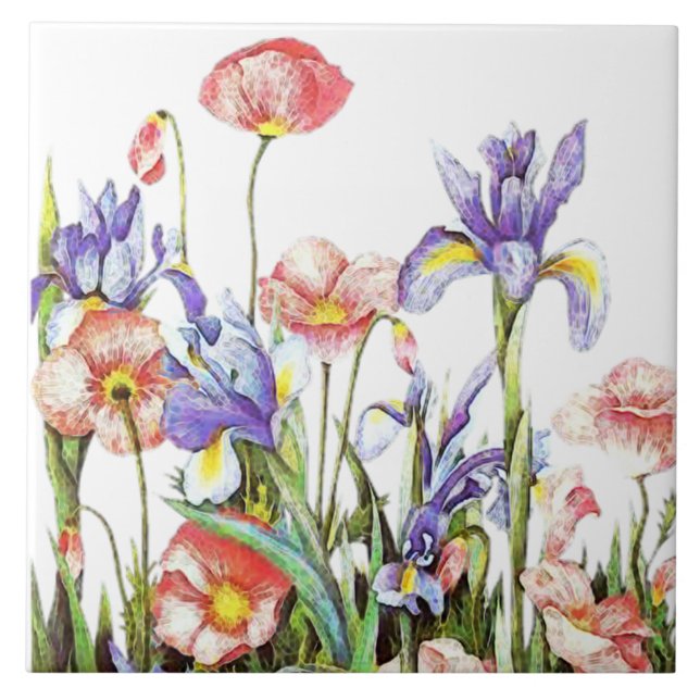 Iris & Poppy Blume Aquarell Floral Fliese (Vorderseite)
