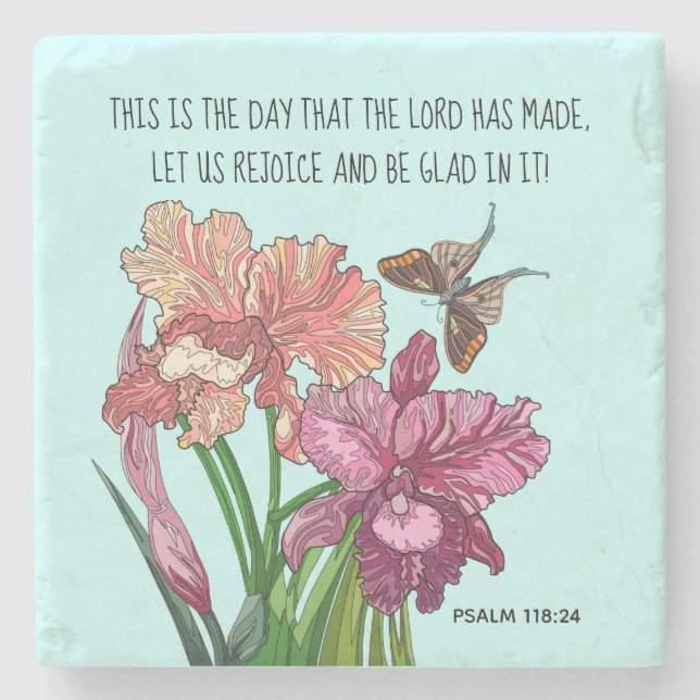 Iris und Schmetterling mit Vers von Psalm 118:24 Steinuntersetzer (Vorderseite)
