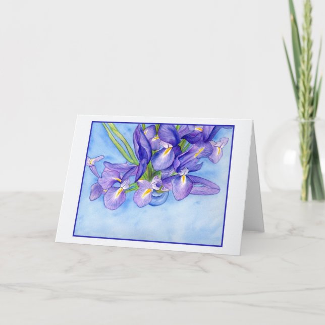 Iris Vase Blue Border Blank Grußkarte Karte (Vorderseite)