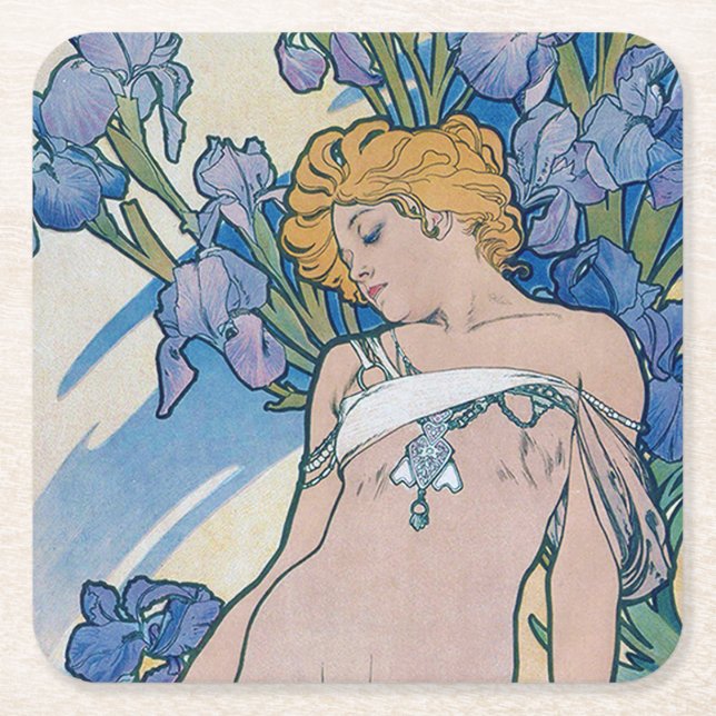 Iris (vier Blume), Alphonse Mucha Rechteckiger Pappuntersetzer (Vorderseite)