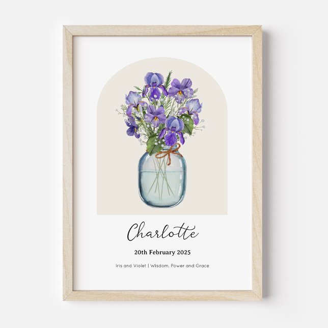 Iris Violett Geburtsmonatsblumenposter Poster (Personalised February Birth Month Flower Bouquet in Vase Poster | Iris and Violet.)
