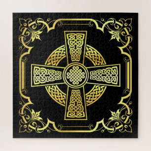 Irisch keltisches Kreuz/schwarz/gold/schwarz extra Puzzle