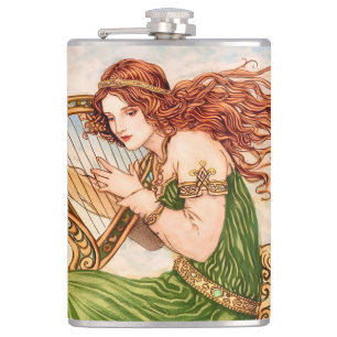 Irische Göttin spielt Harfe – Celtic Art Nouveau  Flachmann