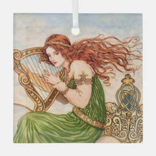 Irische Göttin spielt Harfe – Celtic Art Nouveau Ornament Aus Glas