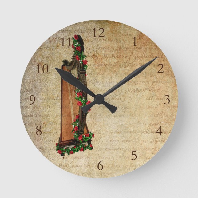 Irische Rosen-Harfen-Uhr Runde Wanduhr (Vorderseite)