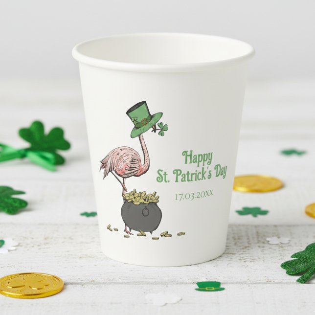 Irische Shamrock-Flamingo-St.-Patrick's-Party Pappbecher (Festive Irish Happy St Patrick's Day Party Paper Cups. Funny Pink Flamingo and Green Leprechaun Hat)
