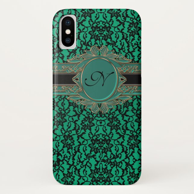 Irischer grüner und schwarzer Spitze-Monogramm Case-Mate iPhone Hülle (Rückseite)