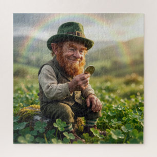 Irischer Leprechaun bewundert eine Goldmünze Puzzle