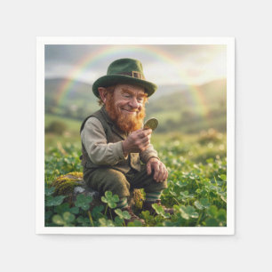 Irischer Leprechaun bewundert eine Goldmünze Serviette