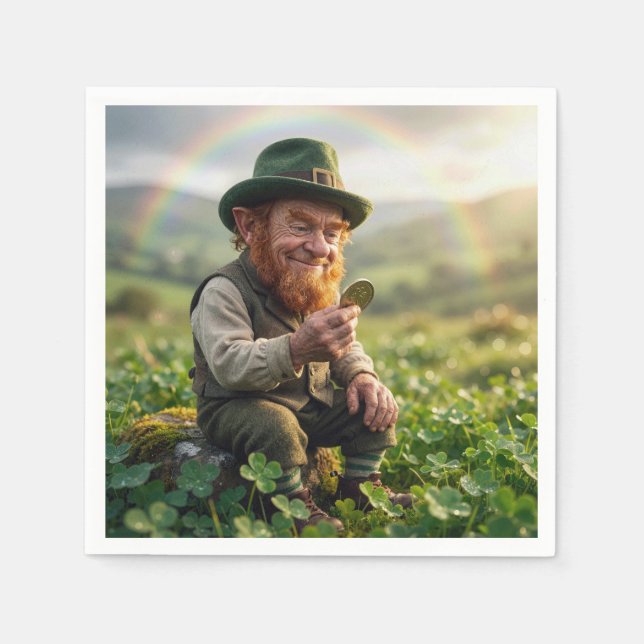 Irischer Leprechaun bewundert eine Goldmünze Serviette (Vorderseite)