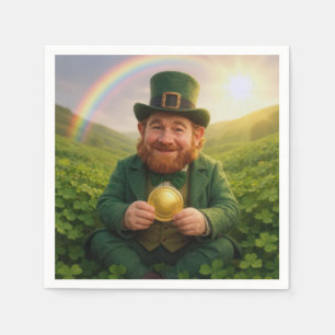 Irischer Leprechaun mit Goldmünze und Regenbogen Serviette