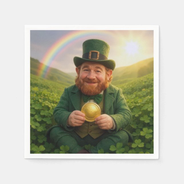 Irischer Leprechaun mit Goldmünze und Regenbogen Serviette (Vorderseite)