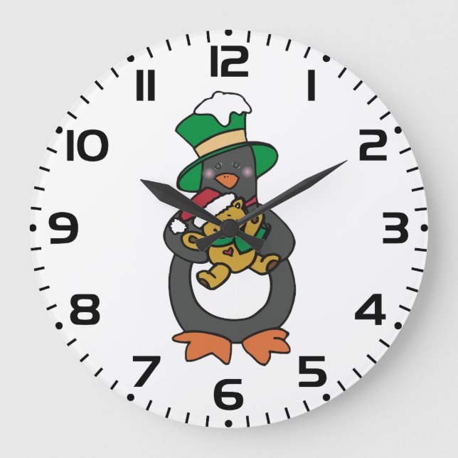 Irischer Pinguin hält Weihnachts-Teddybär Große Wanduhr (Vorderseite)