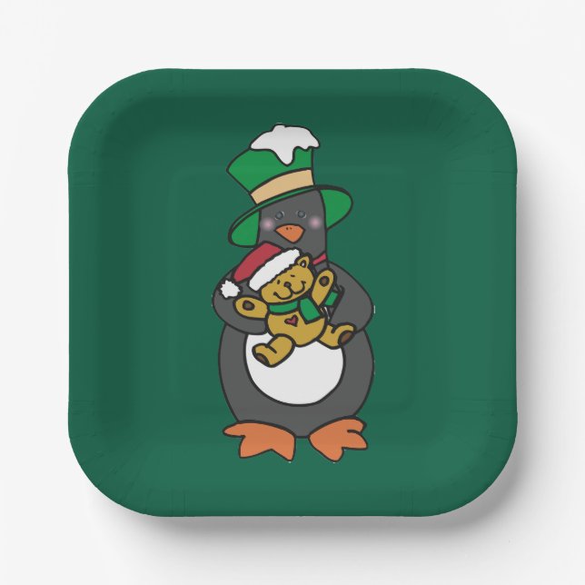 Irischer Pinguin hält Weihnachts-Teddybär Pappteller (Vorderseite)