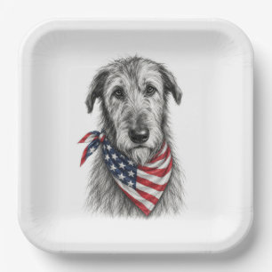 Irischer Wolfshund mit einer amerikanischen Flagge Pappteller