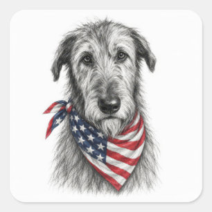 Irischer Wolfshund mit einer amerikanischen Flagge Quadratischer Aufkleber