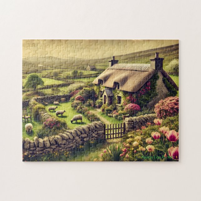 Irisches Cottage-Puzzle, Vintage-Landschaftsszene Puzzle (Horizontal)