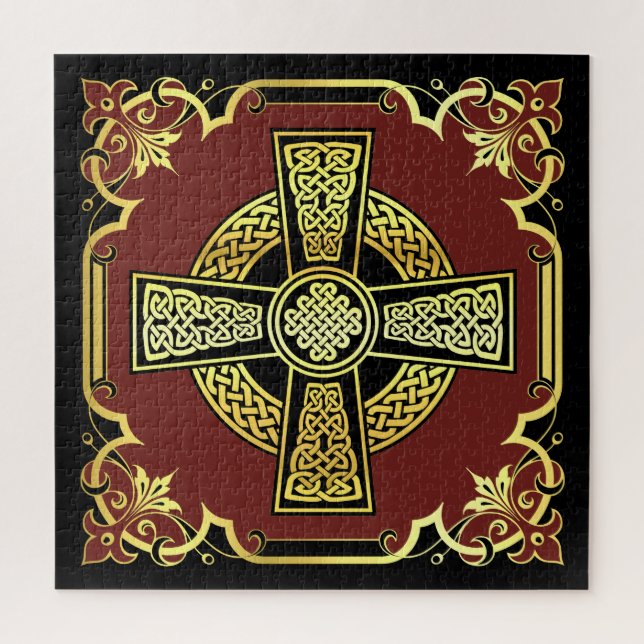 Irisches keltisches Kreuz/Schwarz/Gold/Rot/extrava Puzzle (Vertikal)
