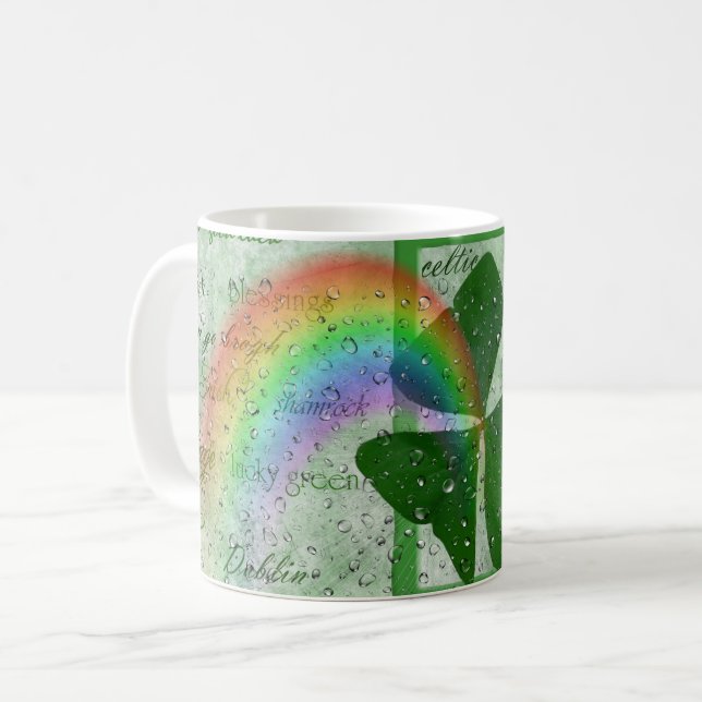 Irisches Kleeblatt und Regenbogen in Regen Kaffeetasse (Vorderseite Links)