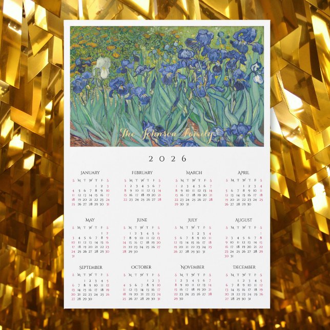 Irises Flowers Vincent Van Gogh 2026 Calendar Card Magnetkarte (Irises Flowers Vincent Van Gogh 2026 Calendar Card)