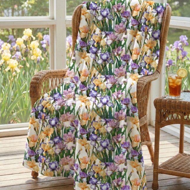 Irises in Yellow Purple on White Floral   Fleecedecke (Sunroom serenity: iris garden view, floral blanket, wicker charm, iced tea, nature-inspired retreat.)