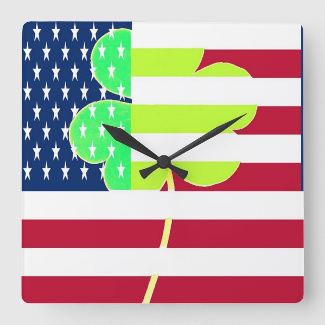 Irish American Flag Kleeblatt Clover St Patrick Quadratische Wanduhr (Vorderseite)
